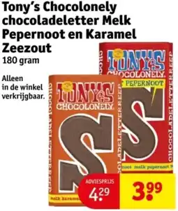 Kruidvat Tony's Chocolonely chocoladeletter Melk Pepernoot en Karamel Zeezout aanbieding