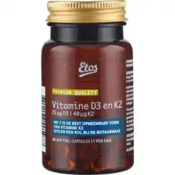 Etos Etos Premium Vitamine D3 en K2 bevat 25ug D3 en 40ug K2 60 stuks aanbieding