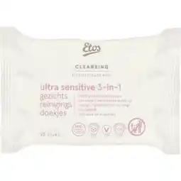 Etos Etos Ultra Sensitive 3-in 1 Face Cleansing Wipes 25 stuks aanbieding