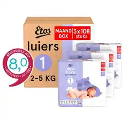 Etos Etos Luiers Newborn Maat 1 2-5 kg Maandbox 324 Stuks aanbieding