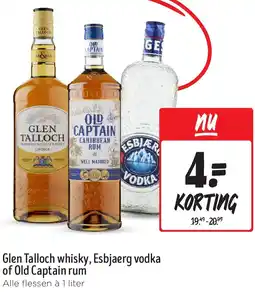 Jumbo Glen Talloch whisky, Esbjaerg vodka of Old Captain rum aanbieding