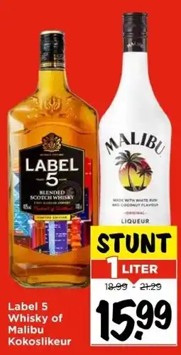 Vomar Voordeelmarkt Label 5 Whisky of Malibu Kokoslikeur aanbieding