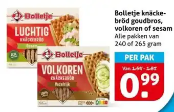 Hoogvliet Bolletje knäcke- bröd goudbros, volkoren of sesam aanbieding