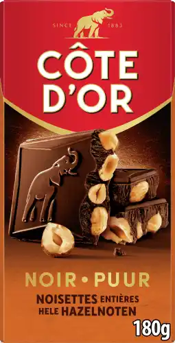 Dekamarkt Côte d'Or Bloc chocoladereep puur hazelnoten aanbieding
