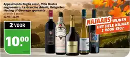 Poiesz Appasimento Puglia rosso, Vitis Nostra negroamaro, La Gracchie chianti, Rebgarten riesling of Girovago spumante aanbieding