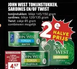 MCD Supermarkt JOHN WEST TONIJNSTUKKEN, SARDINES EN/OF TWIST aanbieding
