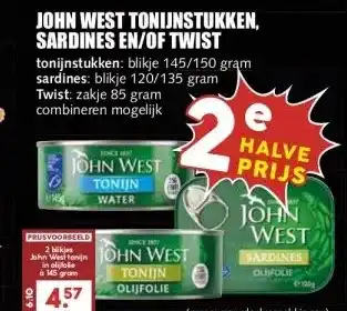 MCD Supermarkt JOHN WEST TONIJNSTUKKEN, SARDINES EN/OF TWIST aanbieding
