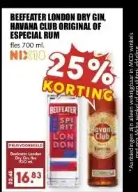 MCD Supermarkt BEEFEATER LONDON DRY GIN, HAVANA CLUB ORIGINAL OF ESPECIAL RUM aanbieding
