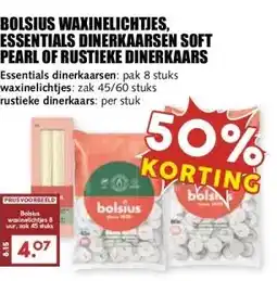 MCD Supermarkt BOLSIUS WAXINELICHTJES, ESSENTIALS DINERKAARSEN SOFT PEARL OF RUSTIEKE DINERKAARS aanbieding