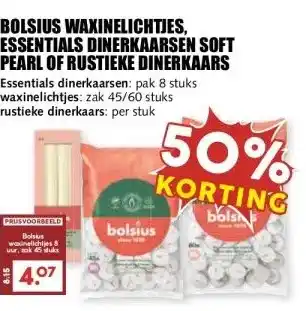 MCD Supermarkt BOLSIUS WAXINELICHTJES, ESSENTIALS DINERKAARSEN SOFT PEARL OF RUSTIEKE DINERKAARS aanbieding