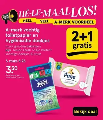 Etos A-merk vochtig toiletpapier en hygiënische doekjes aanbieding