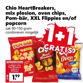 Coop Chio HeartBreakers, mix plosion, oven chips, Pom-bär, XXL Flippies en/of popcorn aanbieding