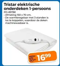 Trekpleister Tristar elektrische onderdeken 1-persoons aanbieding