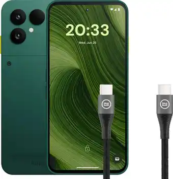 Coolblue Fairphone 6 256GB Groen 5G + BlueBuilt Usb C naar Usb C Kabel 1,5m Nylon Zwart aanbieding