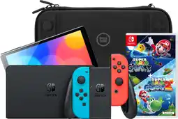 Coolblue Nintendo Switch OLED Blauw/Rood + Super Mario Galaxy 1+2 + BlueBuilt Beschermhoes aanbieding