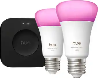 Coolblue Philips Hue White and Color Starter Pack E27 1100lm 2-pack + Bridge Pro aanbieding