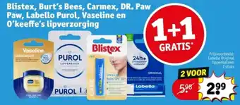 Kruidvat Blistex, Burt's Bees, Carmex, DR. Paw Paw, Labello Purol, Vaseline en O'keeffe's lipverzorging aanbieding