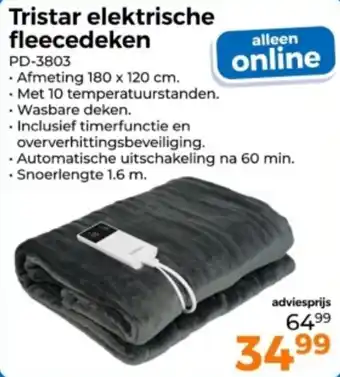 Trekpleister Tristar elektrische fleecedeken aanbieding