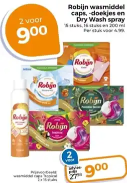 Trekpleister Robijn wasmiddel caps, doekjes en Dry Wash spray aanbieding