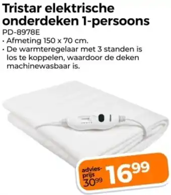 Trekpleister Tristar elektrische onderdeken 1-persoons PD-8978E aanbieding