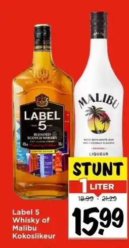 Vomar Voordeelmarkt Label 5 Whisky of Malibu Kokoslikeur aanbieding