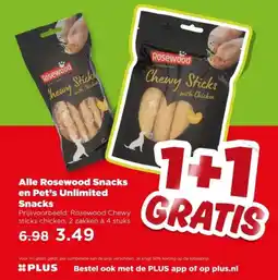 PLUS Alle Rosewood Snacks en Pet's Unlimited Snacks aanbieding