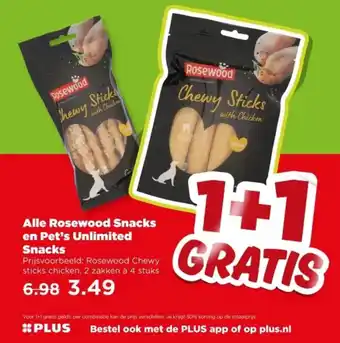 PLUS Alle Rosewood Snacks en Pet's Unlimited Snacks aanbieding