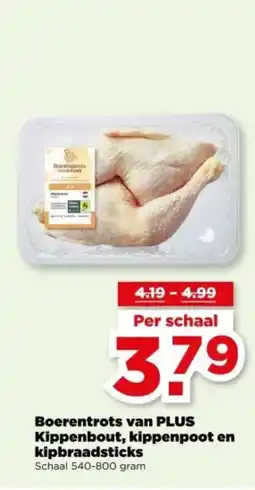 PLUS Boerentrots van PLUS Kippenbout, kippenpoot en kipbraadsticks aanbieding