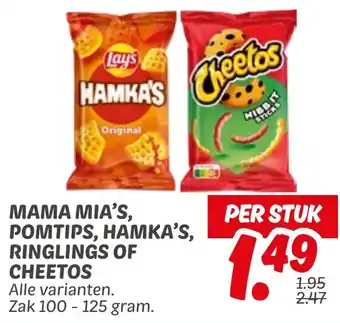 Dekamarkt Mama mia's, pomtips, hamka's, ringlings of cheetos aanbieding