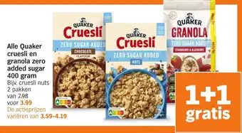 Albert Heijn Alle quaker cruesli en granola zero added sugar aanbieding