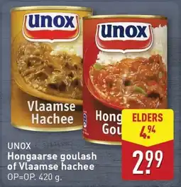 ALDI Unox Hongaarse goulash of Vlaamse hachee aanbieding