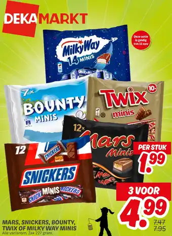 Dekamarkt Mars, snickers, bounty, twix of milky way minis aanbieding