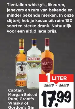 Vomar Voordeelmarkt Captain Morgan Spiced Rum, Grant's Whisky of Gordon's Gin aanbieding
