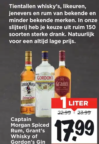 Vomar Voordeelmarkt Captain Morgan Spiced Rum, Grant's Whisky of Gordon's Gin aanbieding