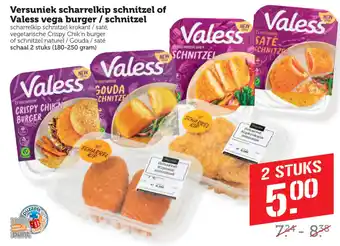 Coop Versuniek scharrelkip schnitzel of Valess vega burger schnitzel aanbieding