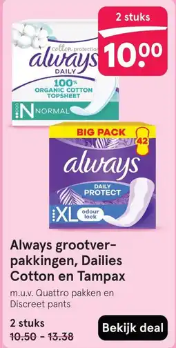 Etos Always grootver pakkingen, Dailies Cotton en Tampax aanbieding