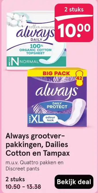 Etos Always grootver pakkingen, Dailies Cotton en Tampax aanbieding