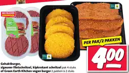Nettorama Gehaktburger, zigeuner filetschnitzel, kipkrokant schnitzel of Green Earth Kitchen vegan burger aanbieding