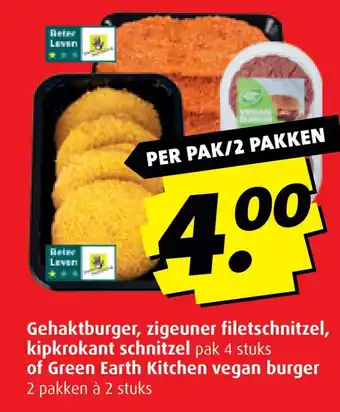 Boni Gehaktburger, zigeuner filetschnitzel, kipkrokant schnitzel pak 4 stuks of Green Earth Kitchen vegan burger aanbieding