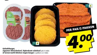 Boni Gehaktburger, zigeuner filetschnitzel, kipkrokant schnitzelGreen Earth Kitchen vegan burger aanbieding