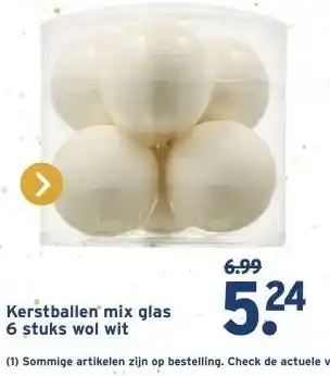 GAMMA Kerstballen mix glas 6 stuks wol wit aanbieding