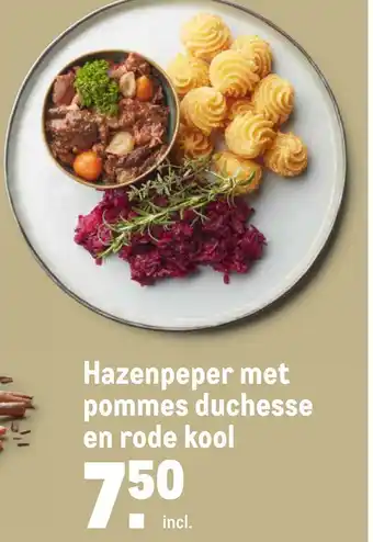 Makro Hazenpeper met pommes duchesse en rode kool aanbieding