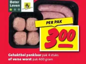 Nettorama Gehaktbal panklaar pak 4 stuks of verse worst pak 400 gram aanbieding