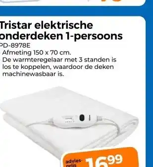 Trekpleister Tristar elektrische onderdeken 1-persoons aanbieding