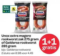 Spar Unox extra magere rookworst of Gelderse rookworst aanbieding
