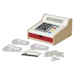 IKEA Een houten speelgoedkassa voor kinderen in wit en rood, met een digitale display en speelgeld aanbieding