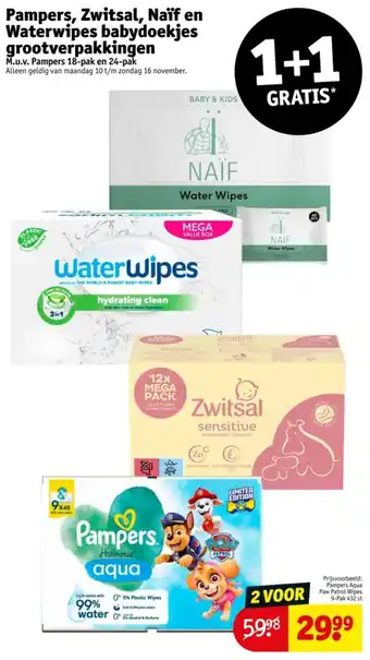 Kruidvat Pampers, Zwitsal, Naïf en Waterwipes babydoekjes grootverpakkingen aanbieding