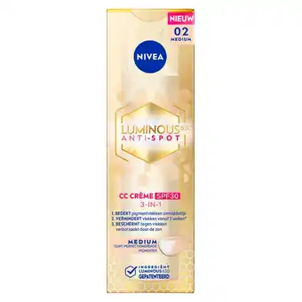 Kruidvat NIVEA Luminous630 Anti-spot SPF30 02 Medium 3-in-1 CC Crème aanbieding