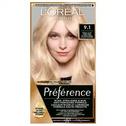Kruidvat L'Oréal Paris Préférence 9.1 Zeer Licht Asblond Permanente Haarkleuring aanbieding