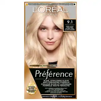 Kruidvat L'Oréal Paris Préférence 9.1 Zeer Licht Asblond Permanente Haarkleuring aanbieding